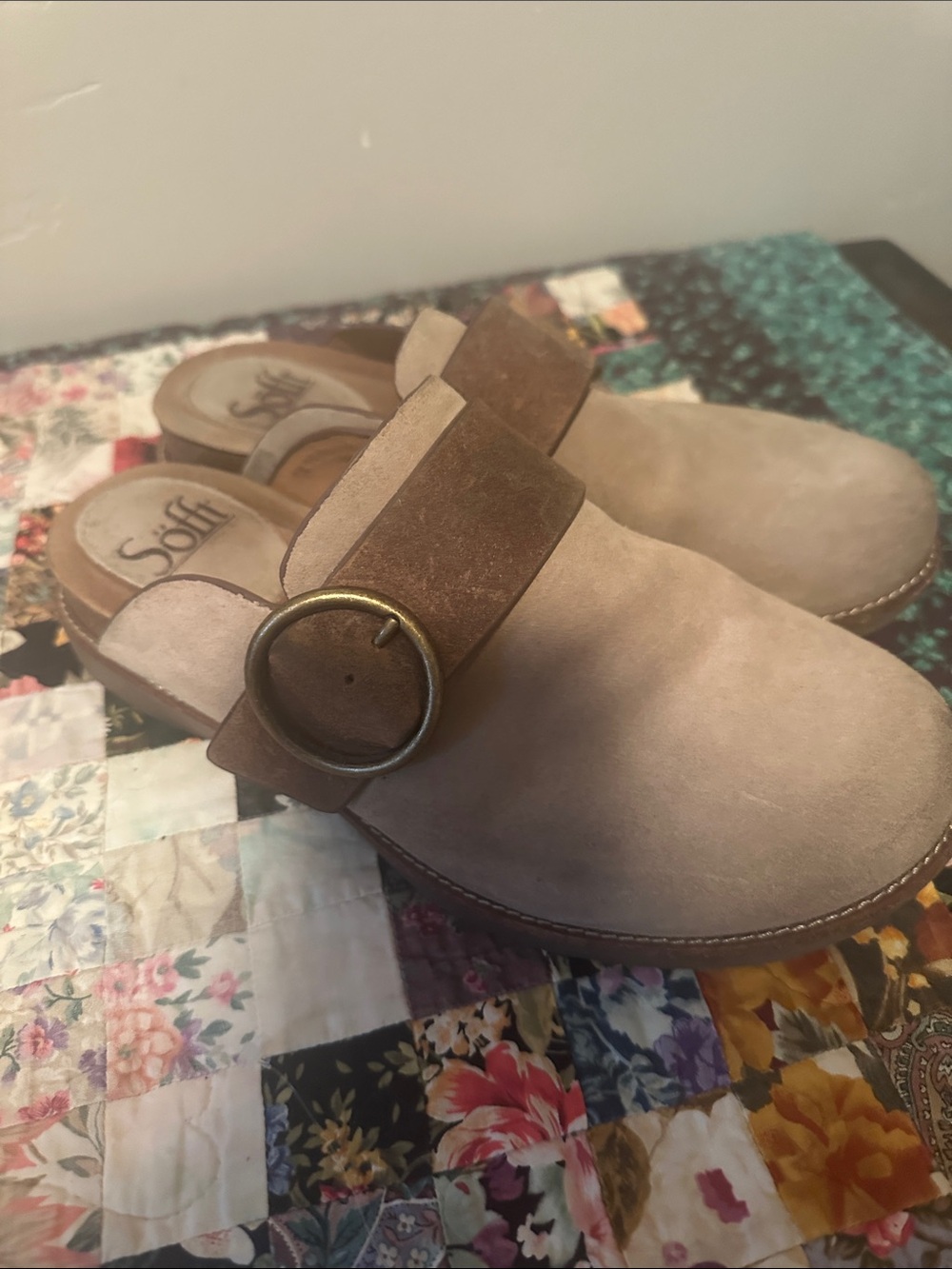 Sofft Taupe Suede Slip-On Clogs with Brown Strap & Buckle
